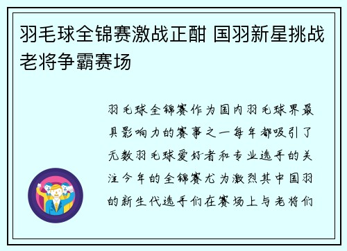 羽毛球全锦赛激战正酣 国羽新星挑战老将争霸赛场